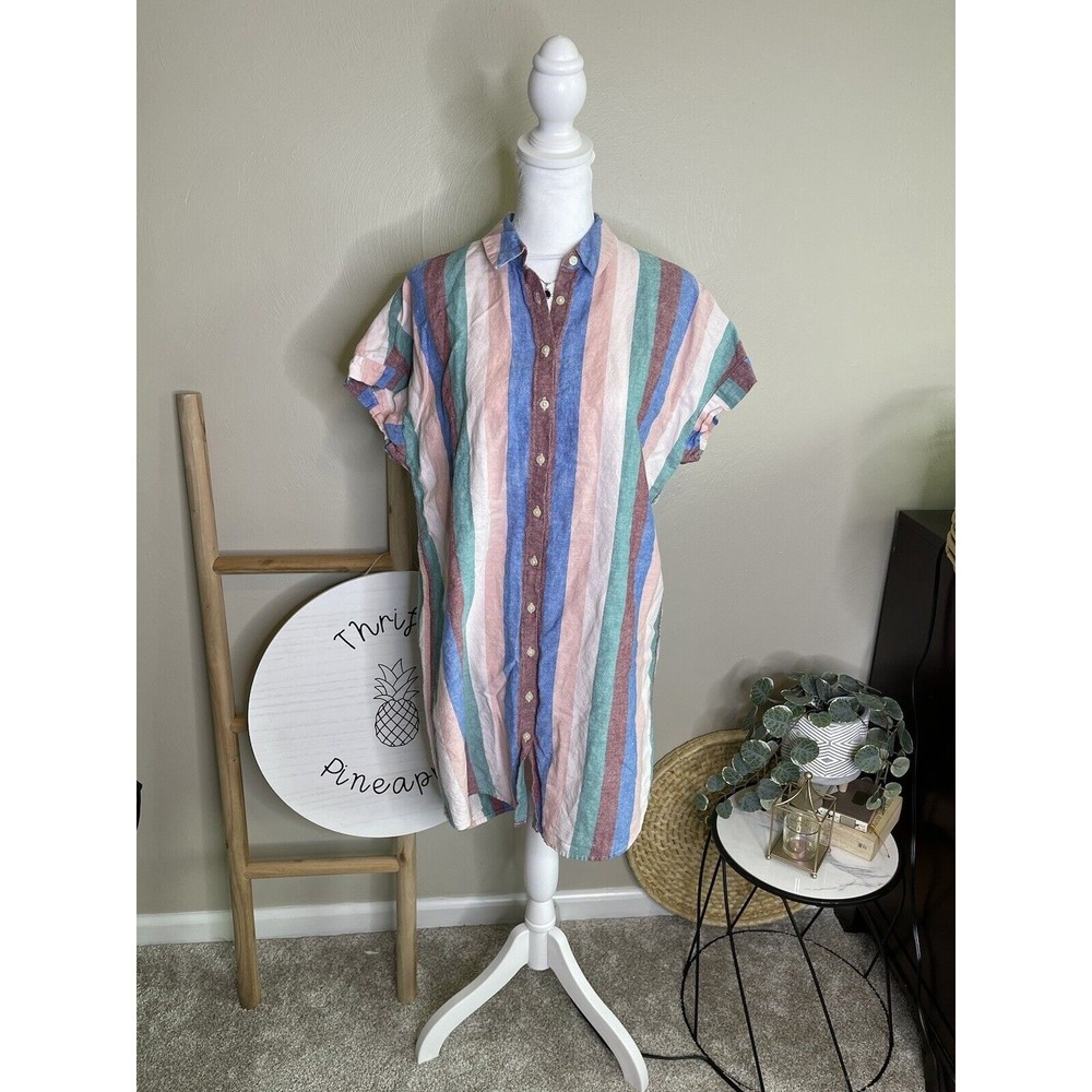 Madewell Size Medium Oxford Cloth Button Up Shirt Stripe Short Sleeve Collar